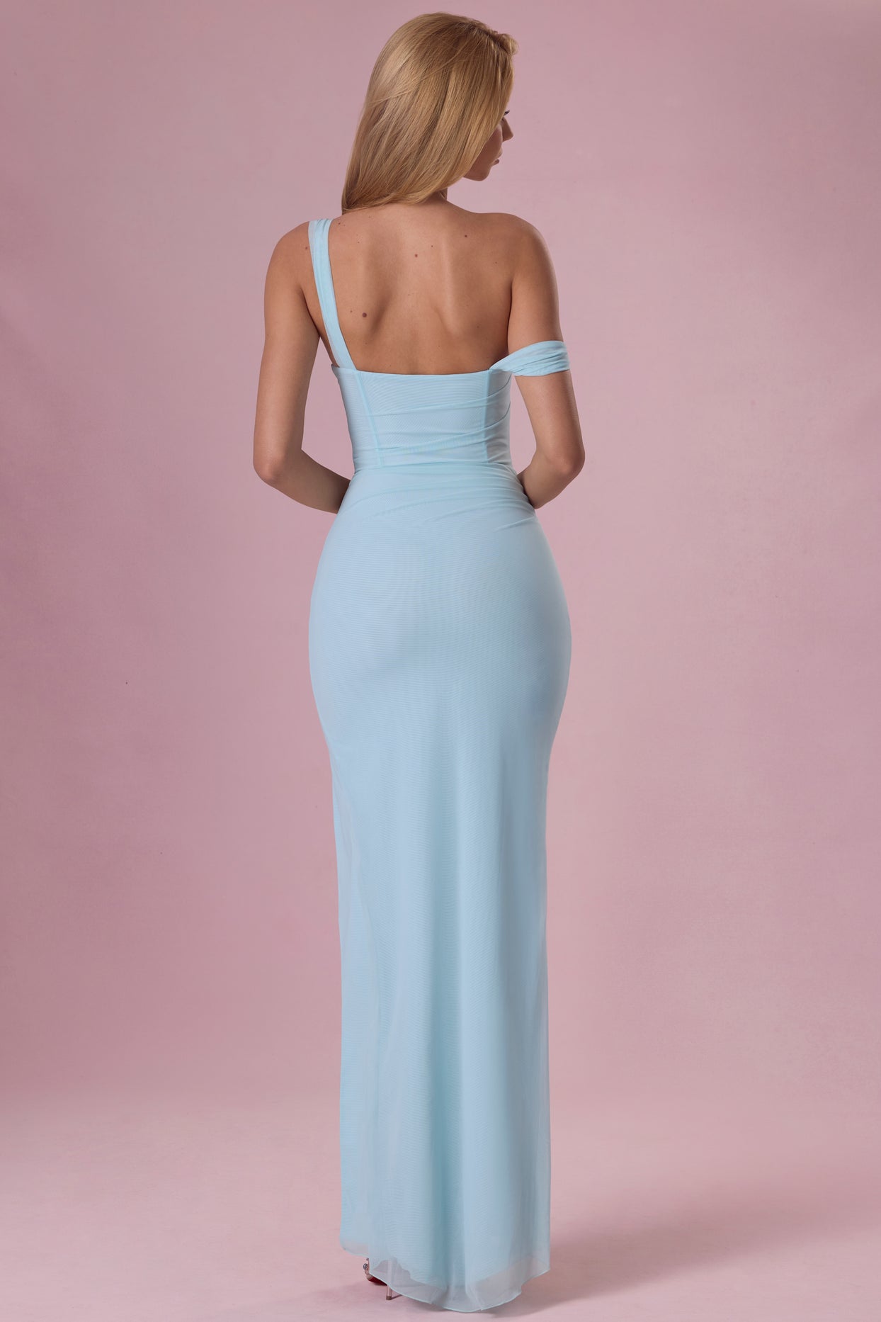 Mesh Draped Corset Gown in Light Blue - 3