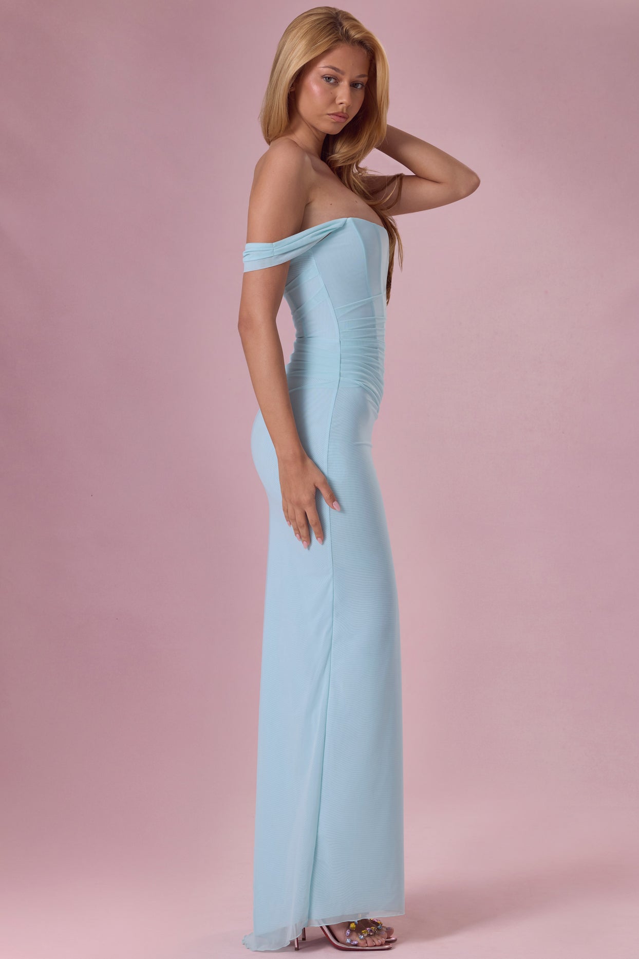 Mesh Draped Corset Gown in Light Blue - 5