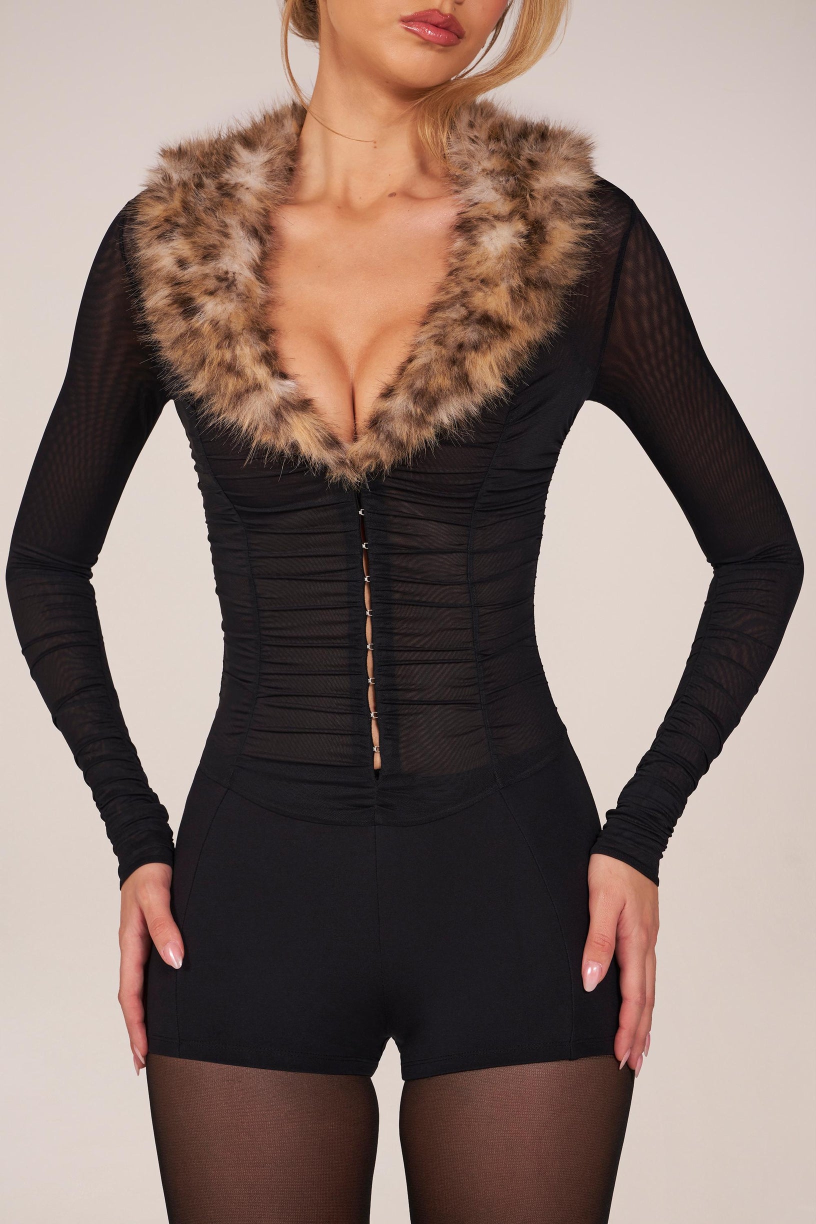 Faux Fur-Trim Playsuit in Black - 2