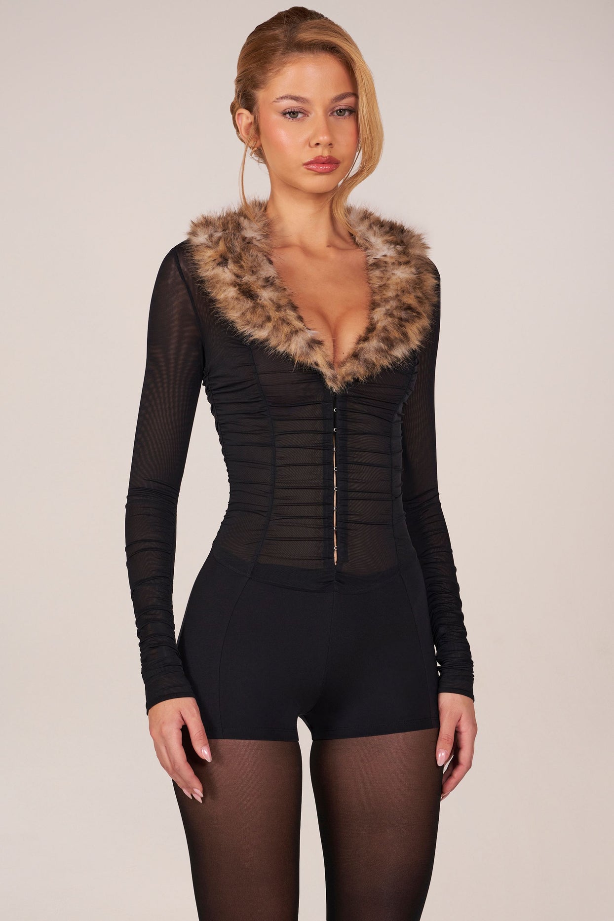 Faux Fur-Trim Playsuit in Black - 8