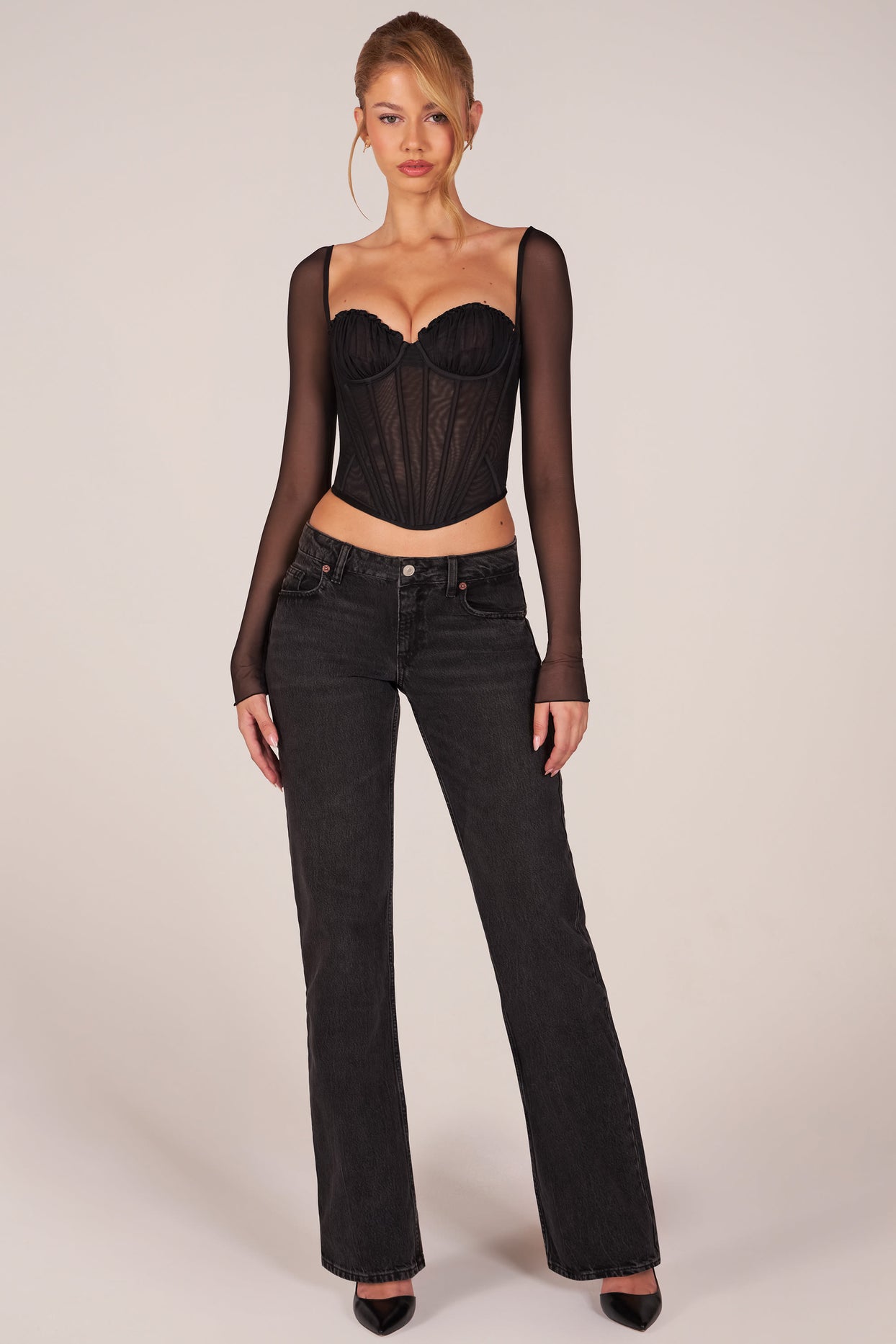 Corset Long-Sleeve Top in Black - 5