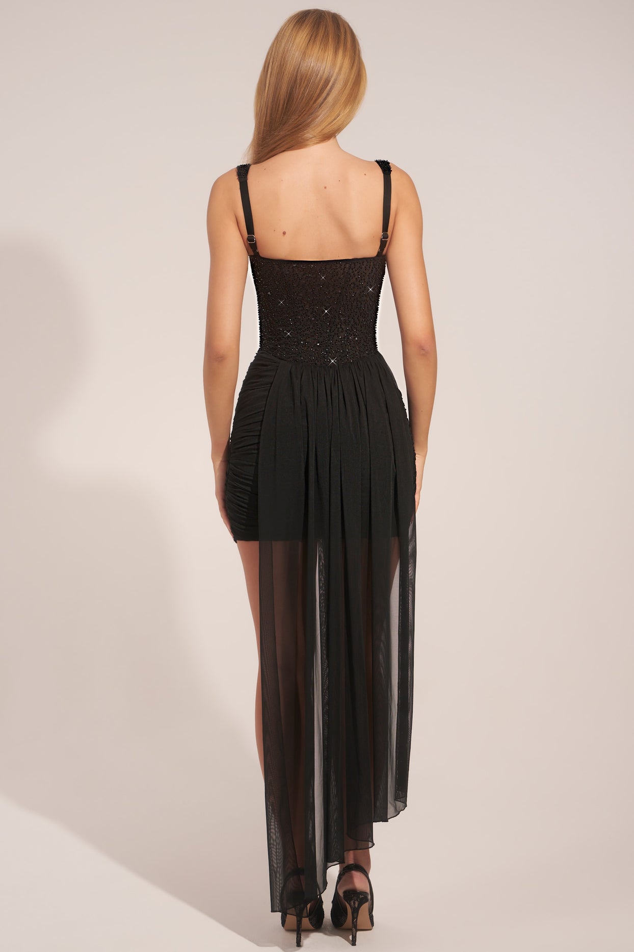 Corseted Draped Mini Dress in Black - 6
