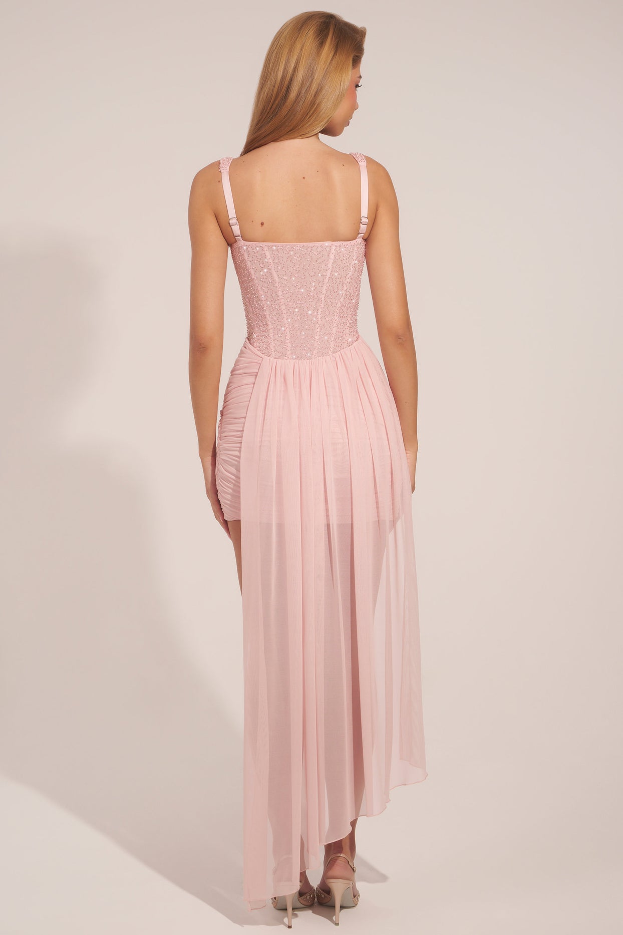 Corseted Draped Mini Dress in Blush Pink - 7