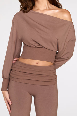 Modal Off-Shoulder Long-Sleeve Top in Mocha