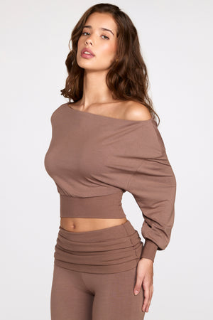 Modal Off-Shoulder Long-Sleeve Top in Mocha