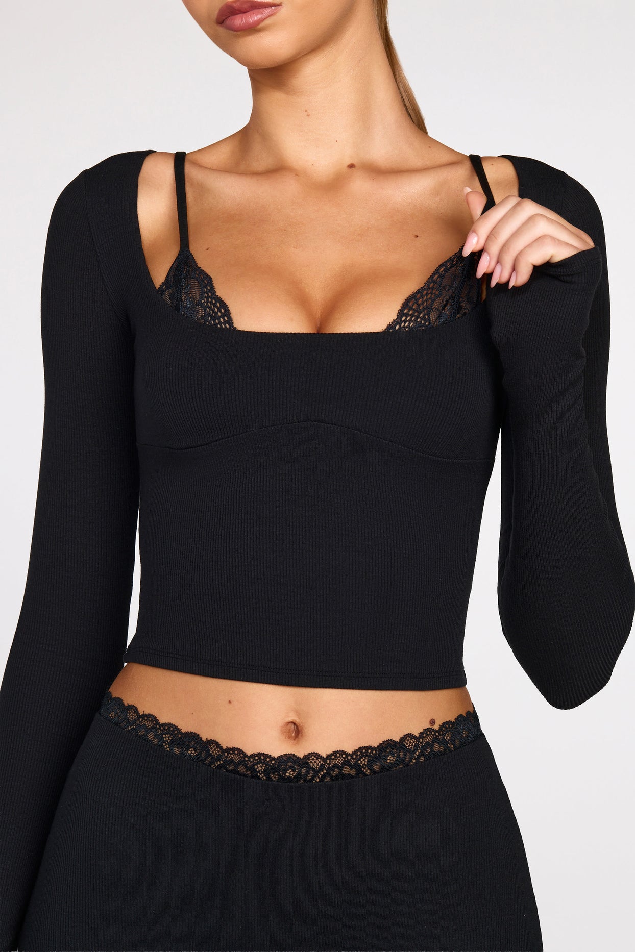 Ribbed Modal Long-Sleeve Laced Bra Top in Black - 2