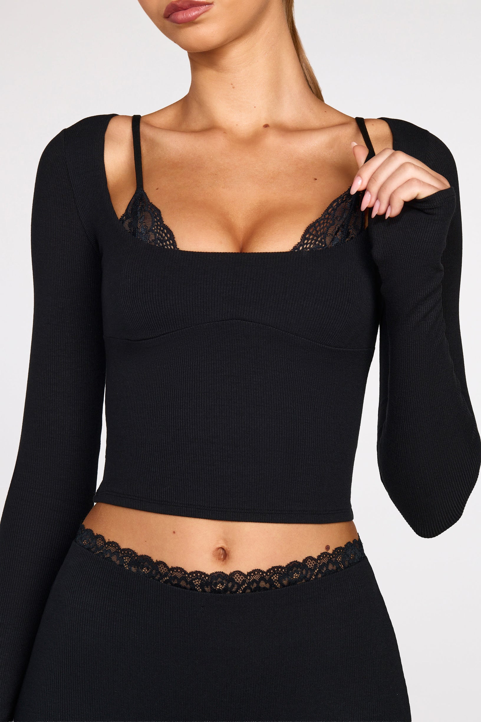 Ribbed Modal Long-Sleeve Laced Bra Top in Black - 2