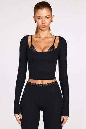 Modal Long-Sleeve Laced Bra Top in Black
