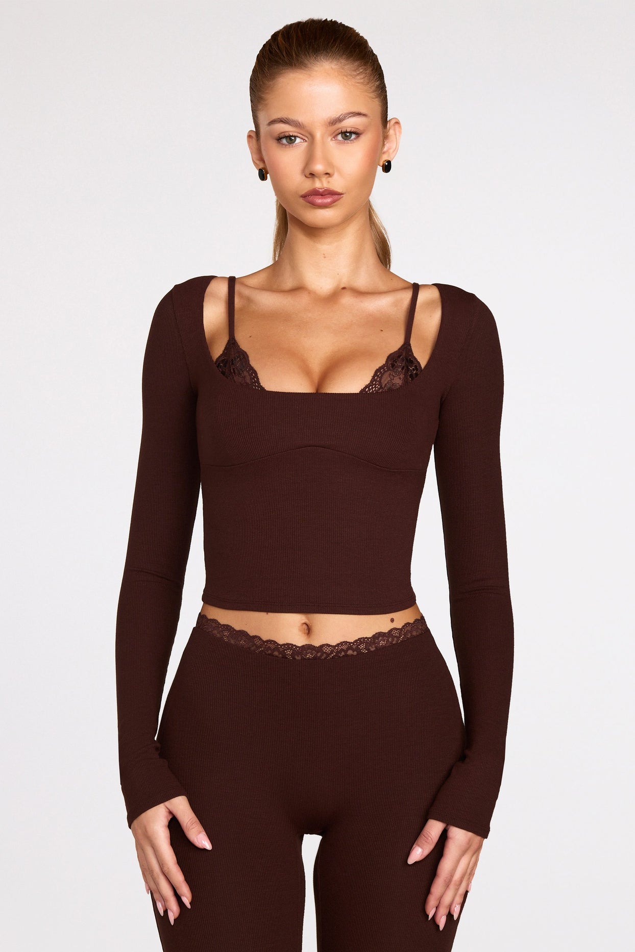 Ribbed Modal Long-Sleeve Laced Bra Top in Chocolate Brown - 1