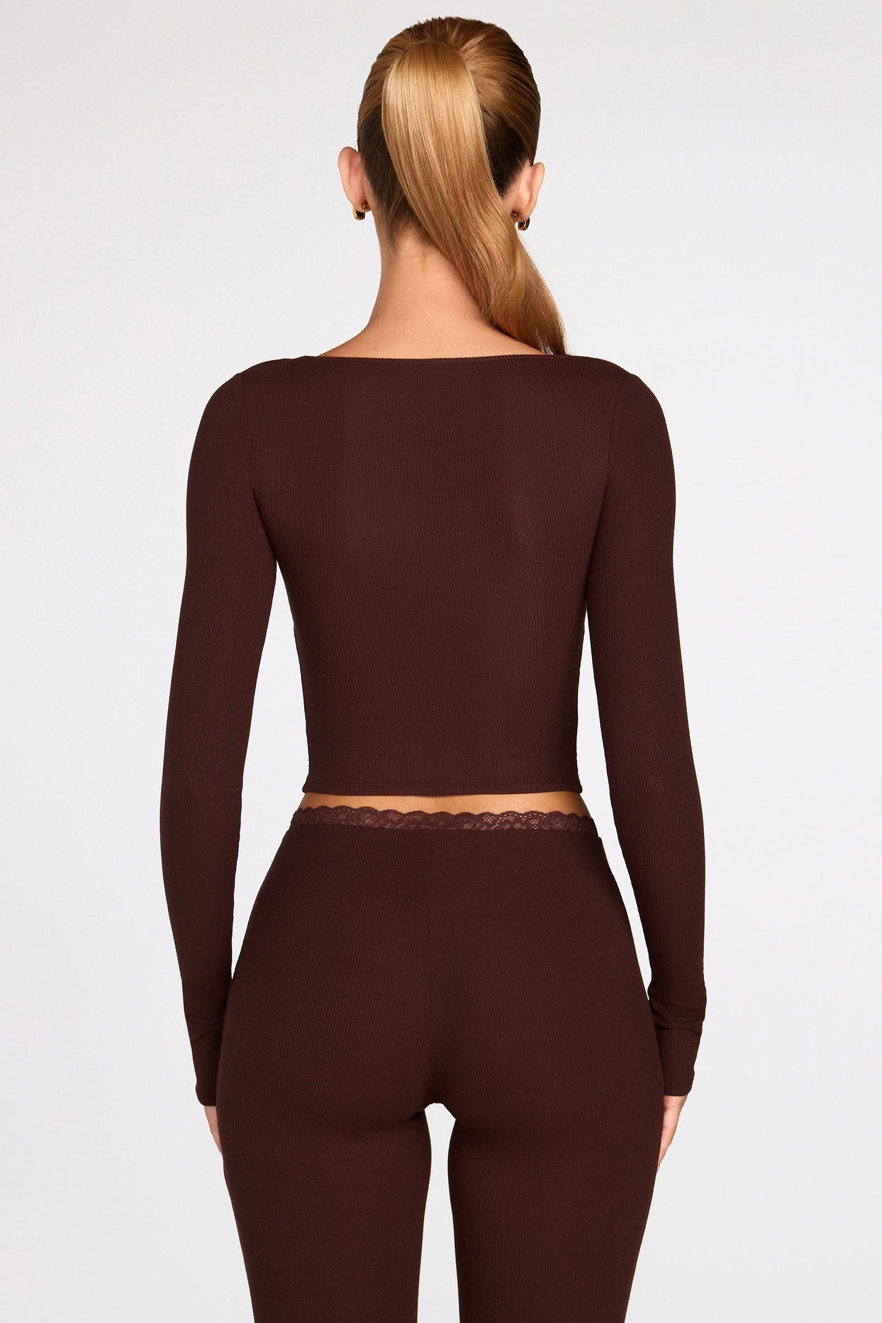 Ribbed Modal Long-Sleeve Laced Bra Top in Chocolate Brown - 3