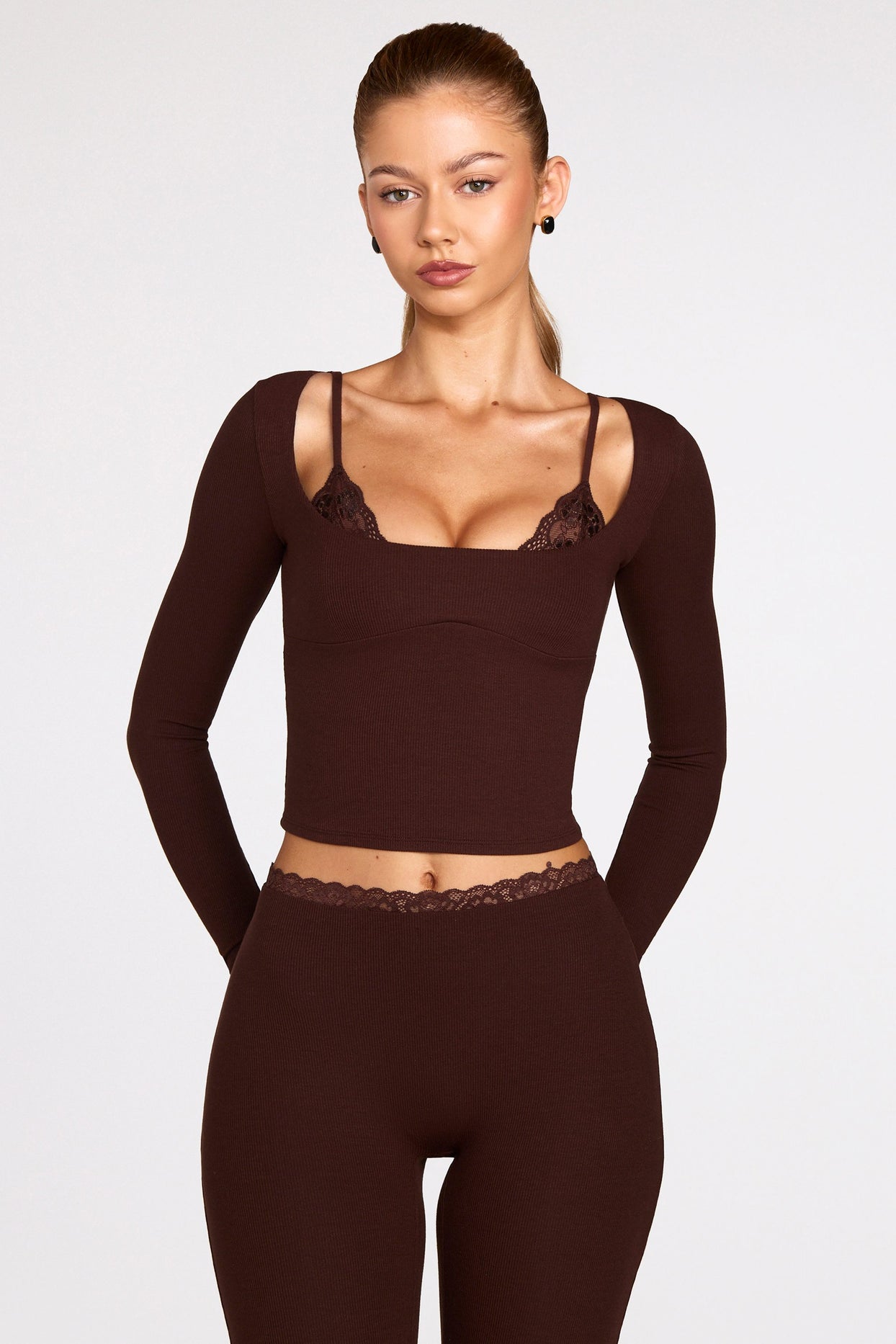 Ribbed Modal Long-Sleeve Laced Bra Top in Chocolate Brown - 6