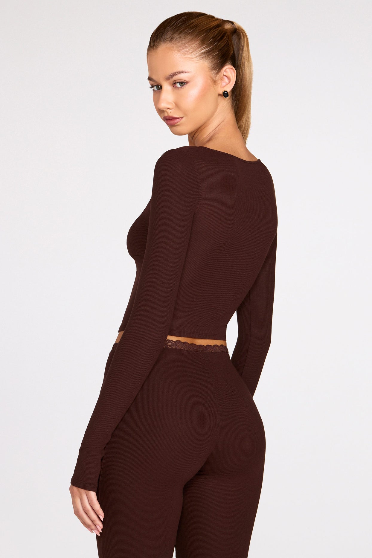 Ribbed Modal Long-Sleeve Laced Bra Top in Chocolate Brown - 7