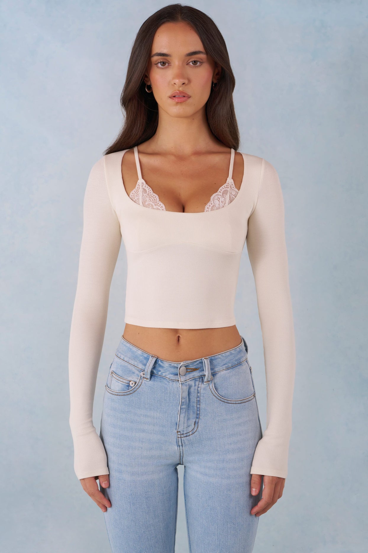 Ribbed Modal Long-Sleeve Laced Bra Top in Ivory - 5