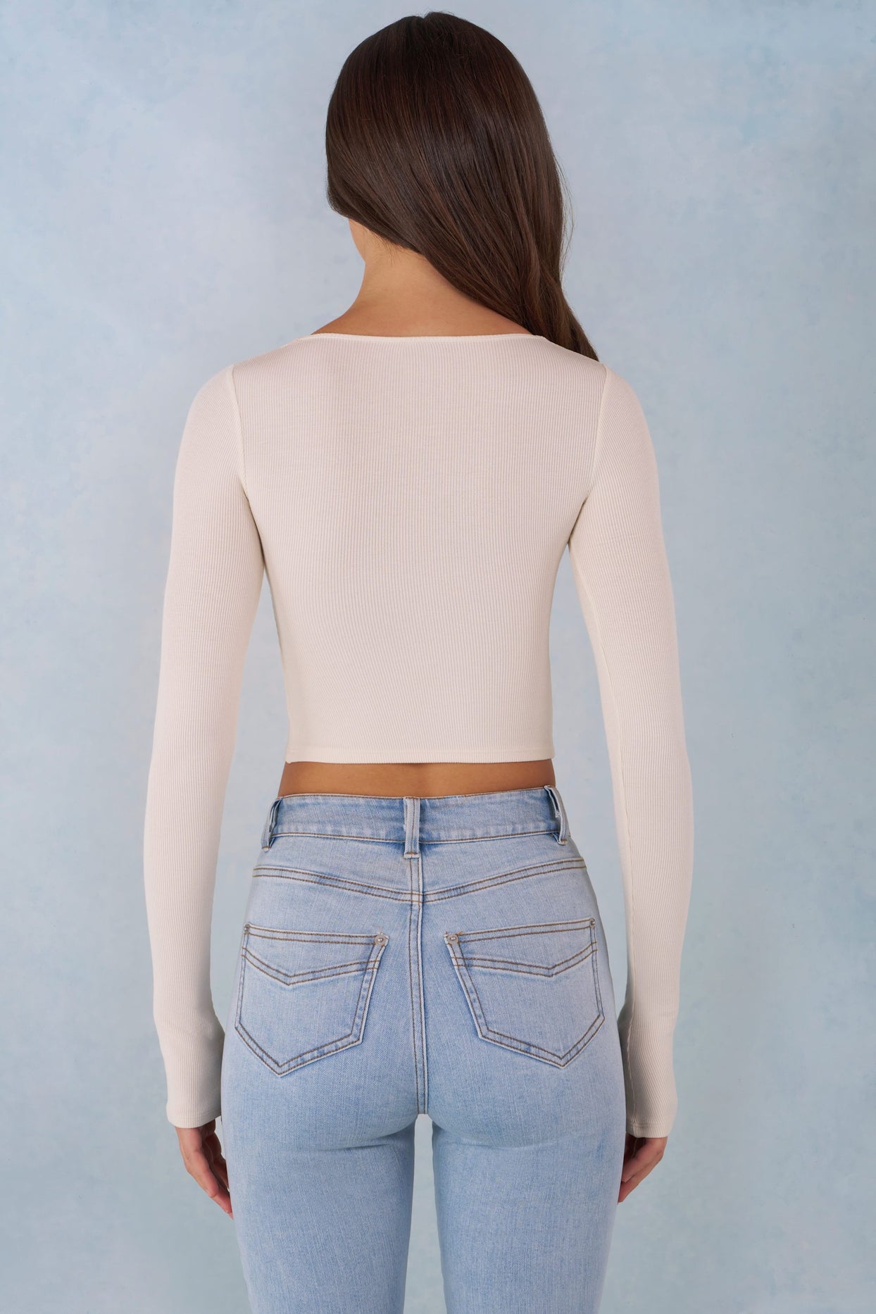 Ribbed Modal Long-Sleeve Laced Bra Top in Ivory - 3
