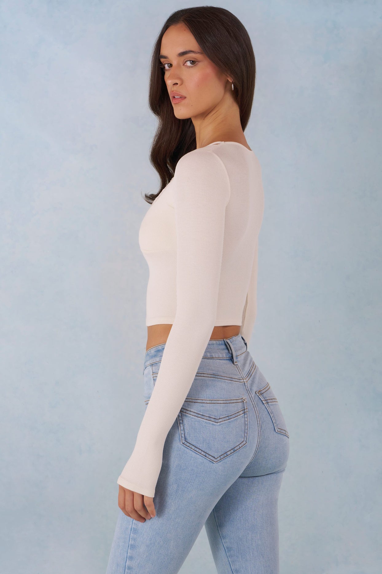 Ribbed Modal Long-Sleeve Laced Bra Top in Ivory - 6