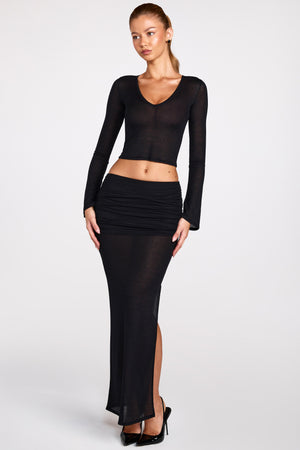 Knit Low-Rise Draped Maxi Skirt in Black