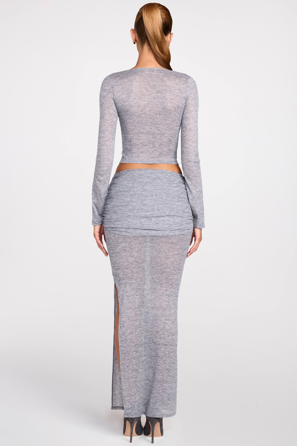 Sheer Jersey Low-Rise Draped Maxi Skirt in Grey - 3