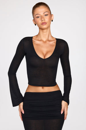 Knit Plunge Long-Sleeve Top in Black