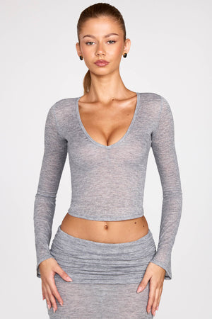 Knit Plunge Long-Sleeve Top in Grey