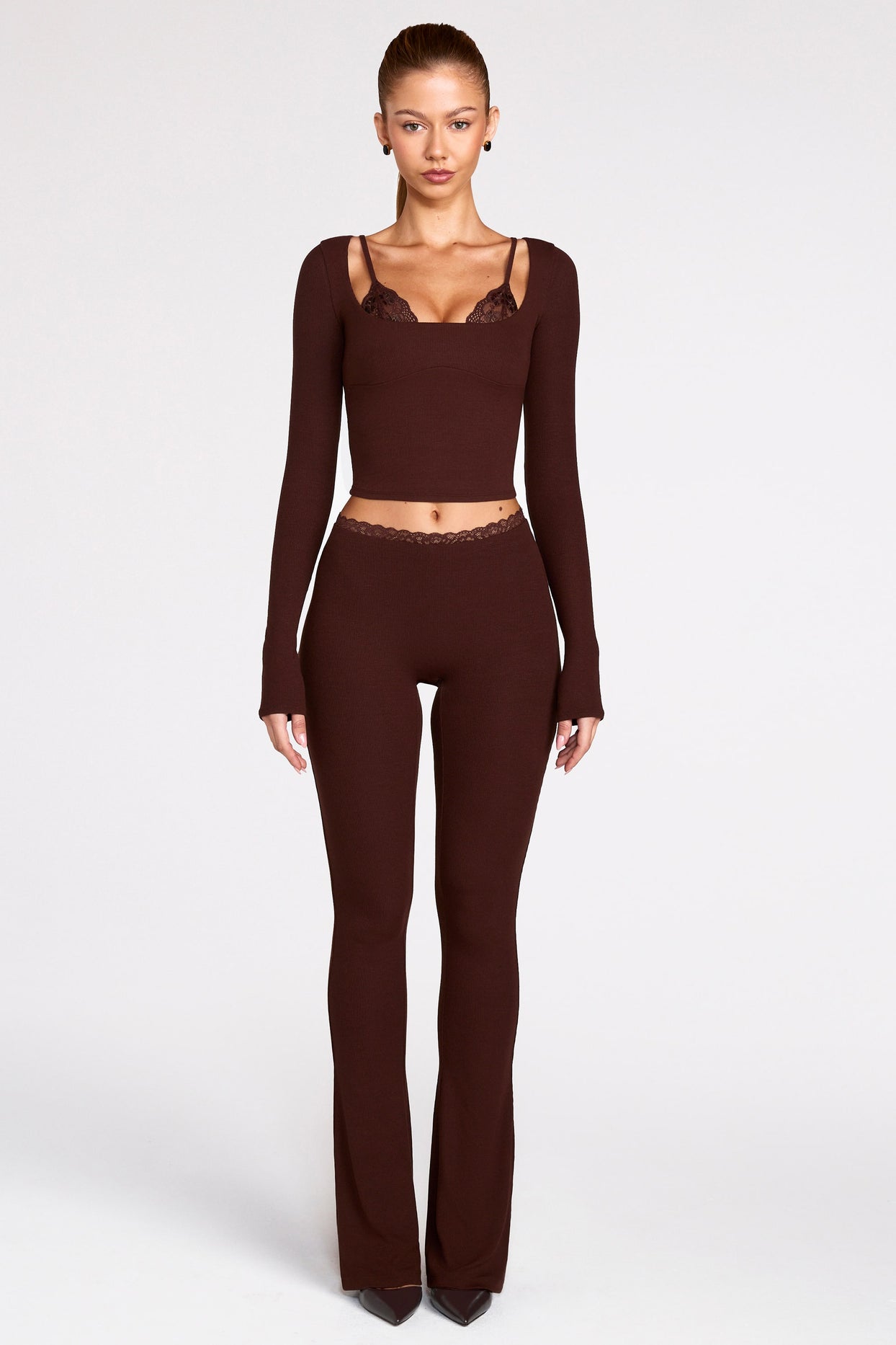 Modal Mid-Rise Flared Trousers in Chocolate Brown - 1