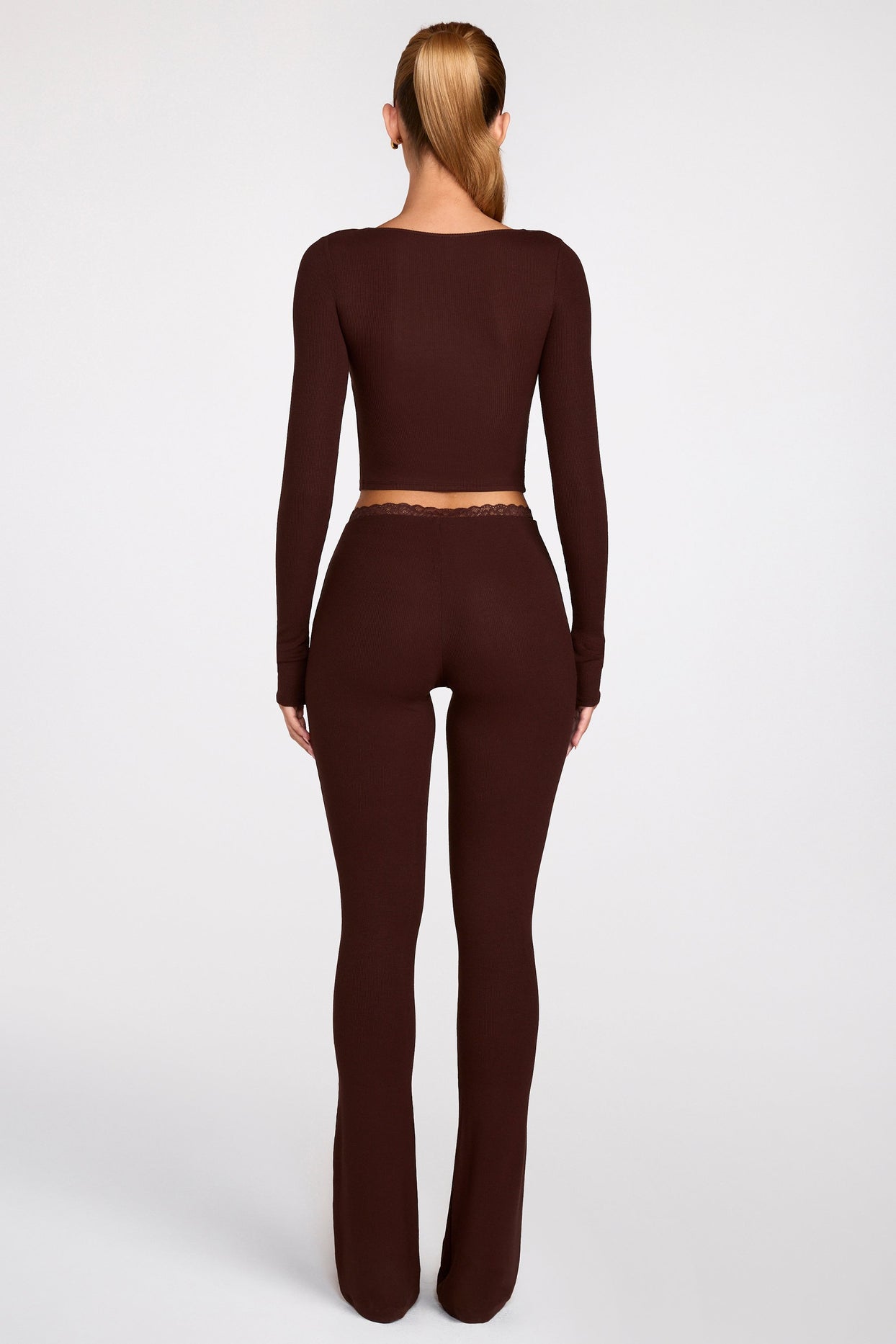 Modal Mid-Rise Flared Trousers in Chocolate Brown - 3