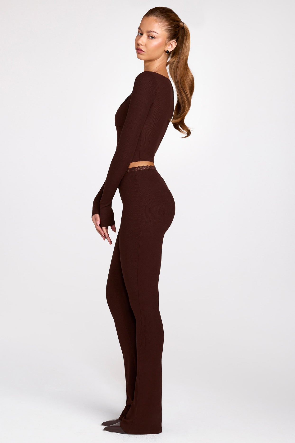 Modal Mid-Rise Flared Trousers in Chocolate Brown - 4