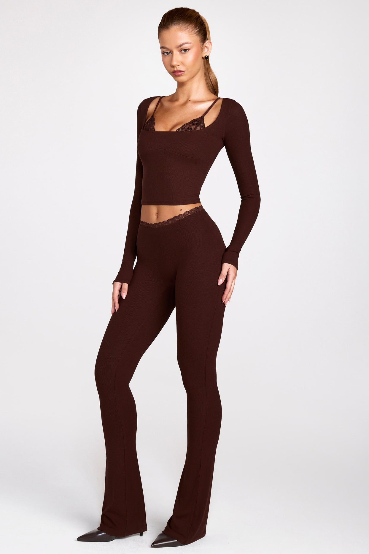 Modal Mid-Rise Flared Trousers in Chocolate Brown - 6