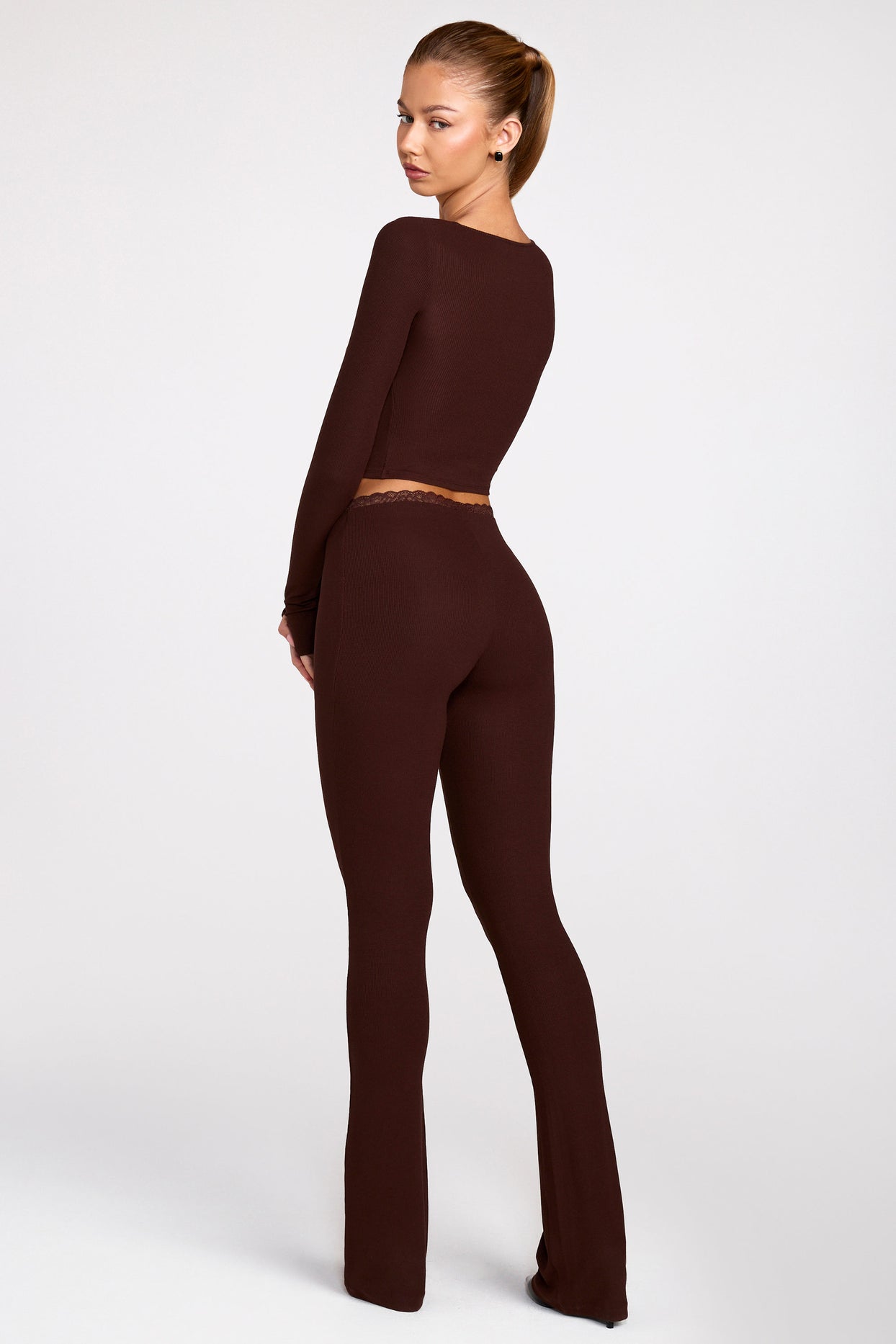 Modal Mid-Rise Flared Trousers in Chocolate Brown - 7