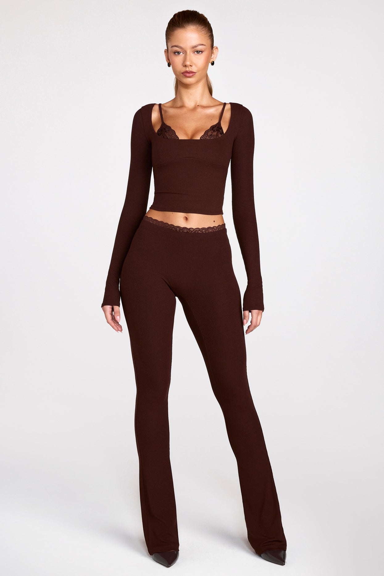 Modal Mid-Rise Flared Trousers in Chocolate Brown - 5