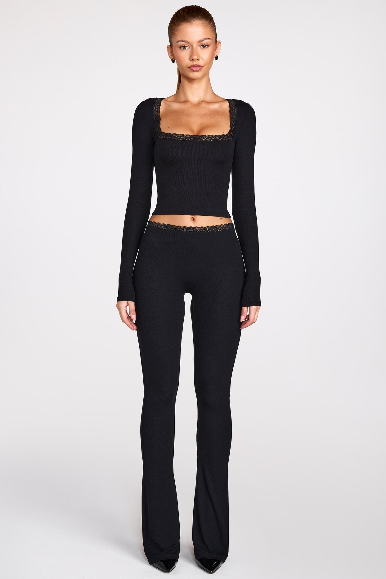 Ribbed Modal Square-Neck Long-Sleeve Top in Black - 5