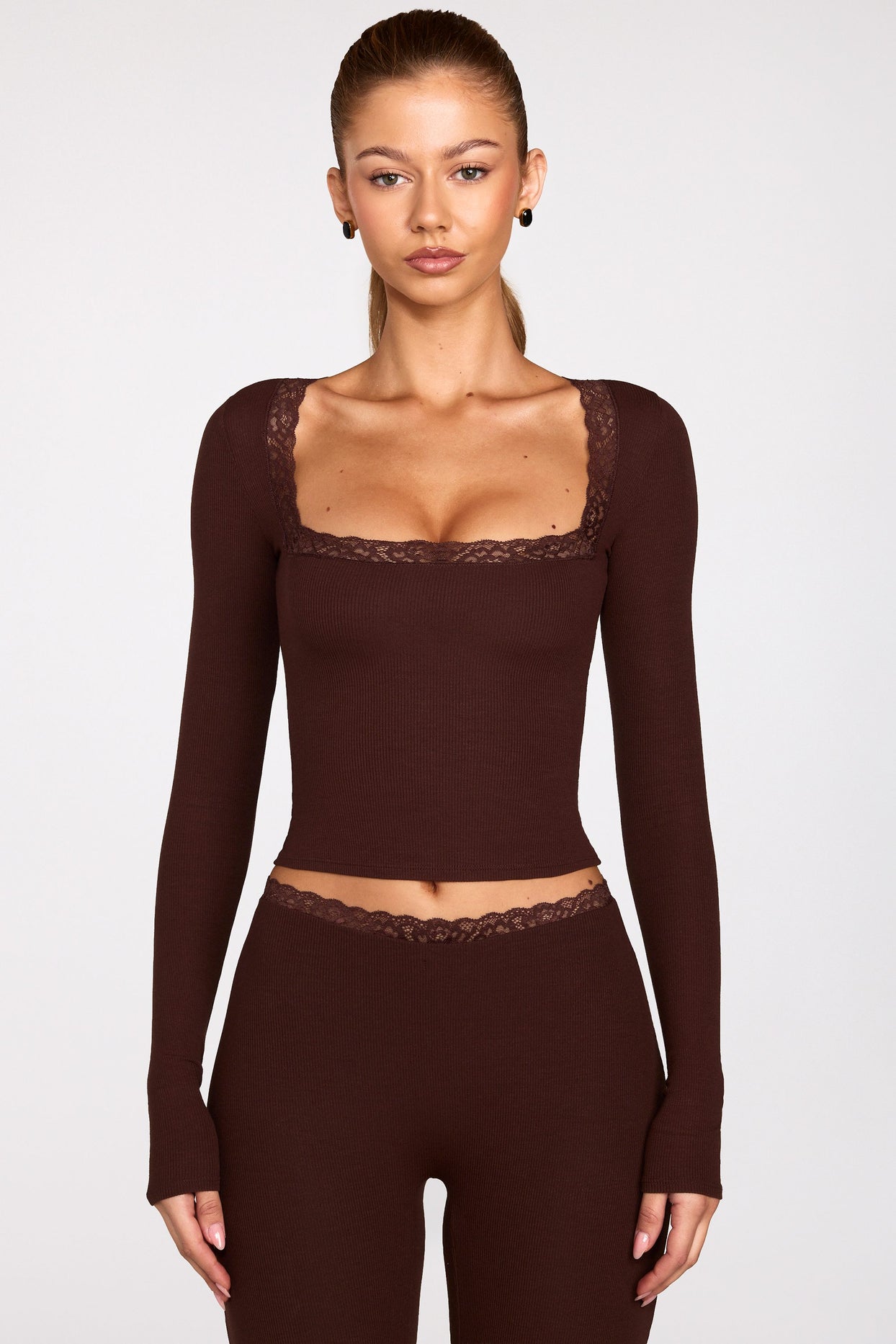 Ribbed Modal Square-Neck Long-Sleeve Top in Chocolate Brown - 1