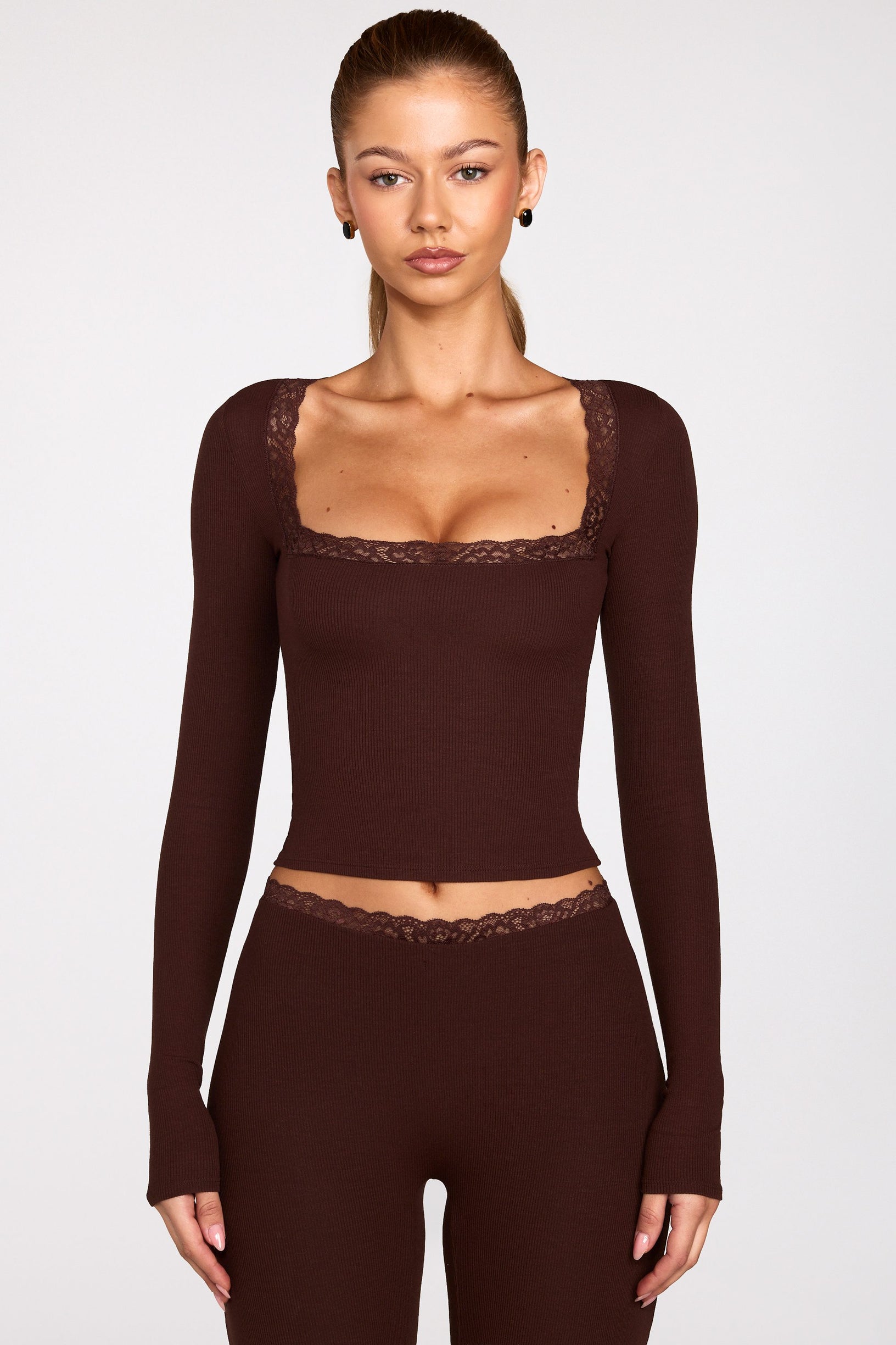 Ribbed Modal Square-Neck Long-Sleeve Top in Chocolate Brown - 1