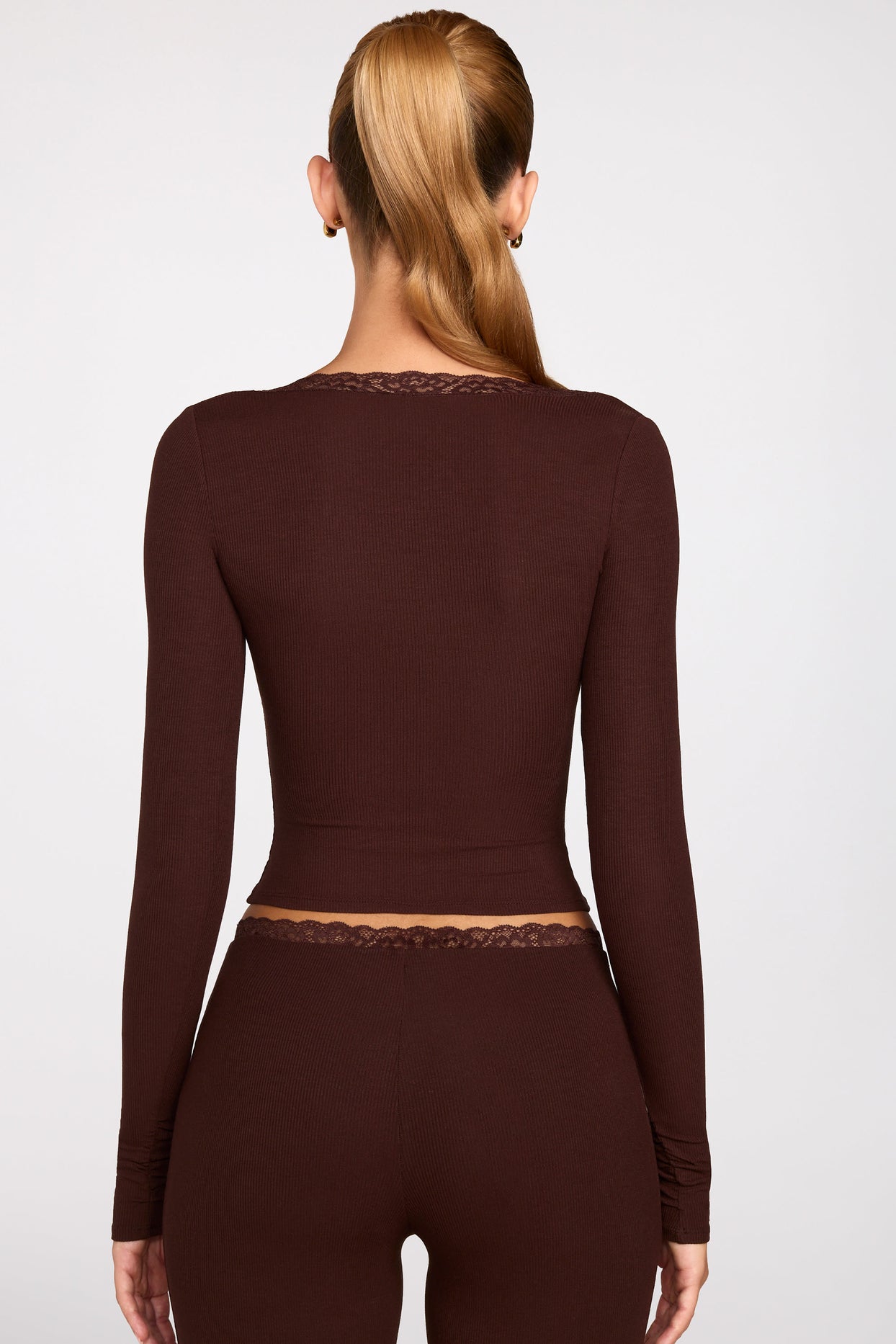 Ribbed Modal Square-Neck Long-Sleeve Top in Chocolate Brown - 3