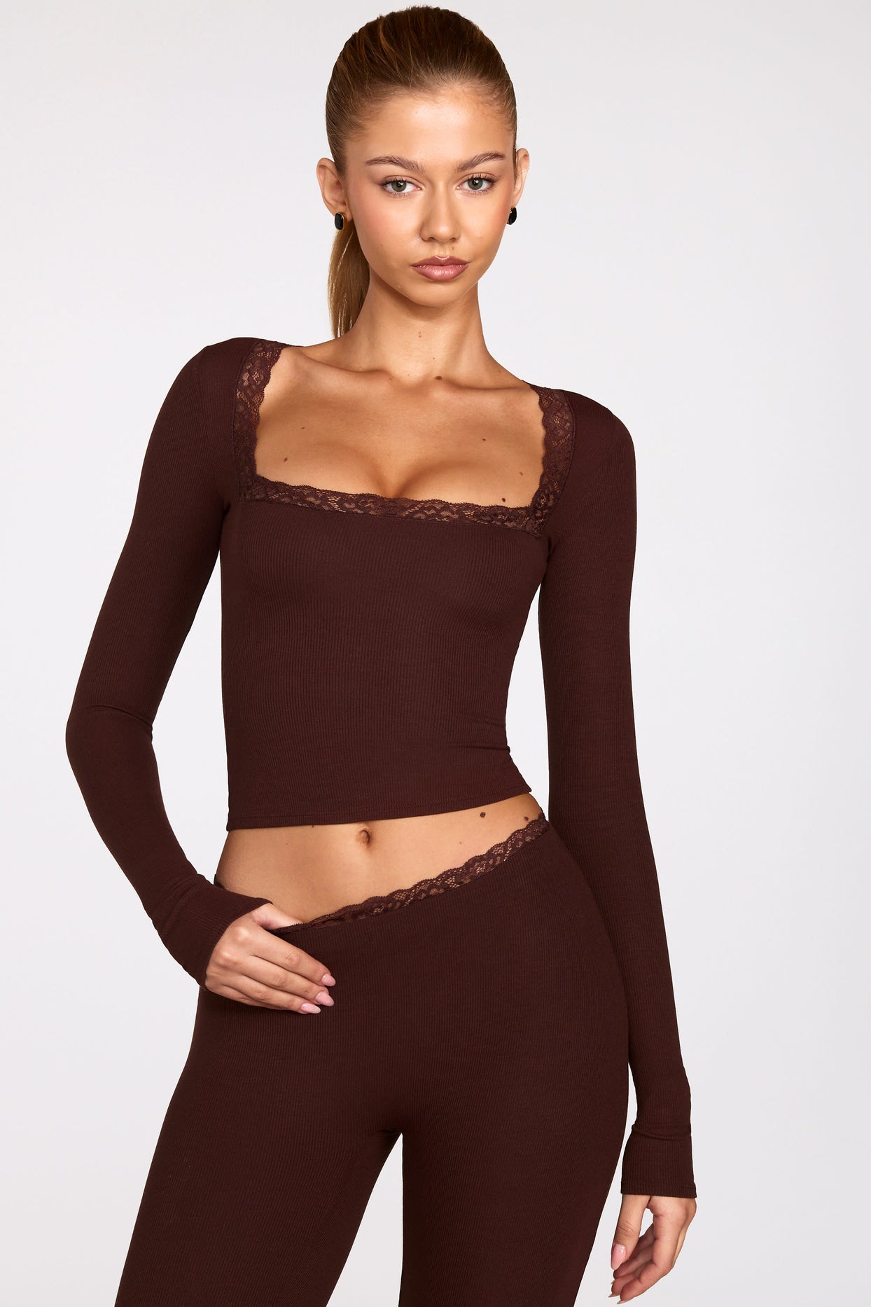 Ribbed Modal Square-Neck Long-Sleeve Top in Chocolate Brown - 6