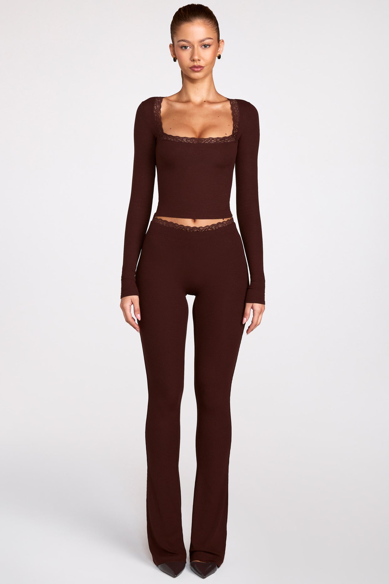 Ribbed Modal Square-Neck Long-Sleeve Top in Chocolate Brown - 7