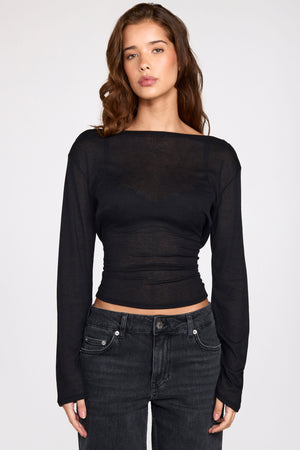 Knit Long-Sleeve Backless Top in Black