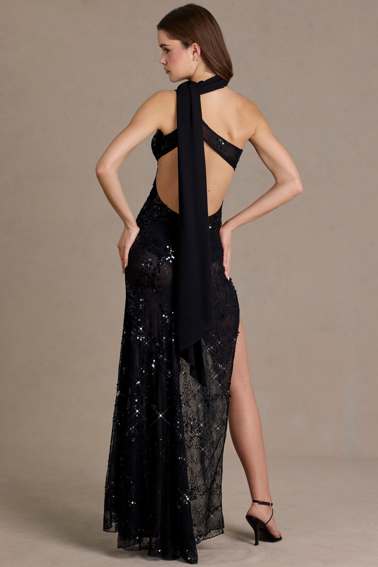 Sequin Lace Scarf-Detail Maxi Dress in Black - 3