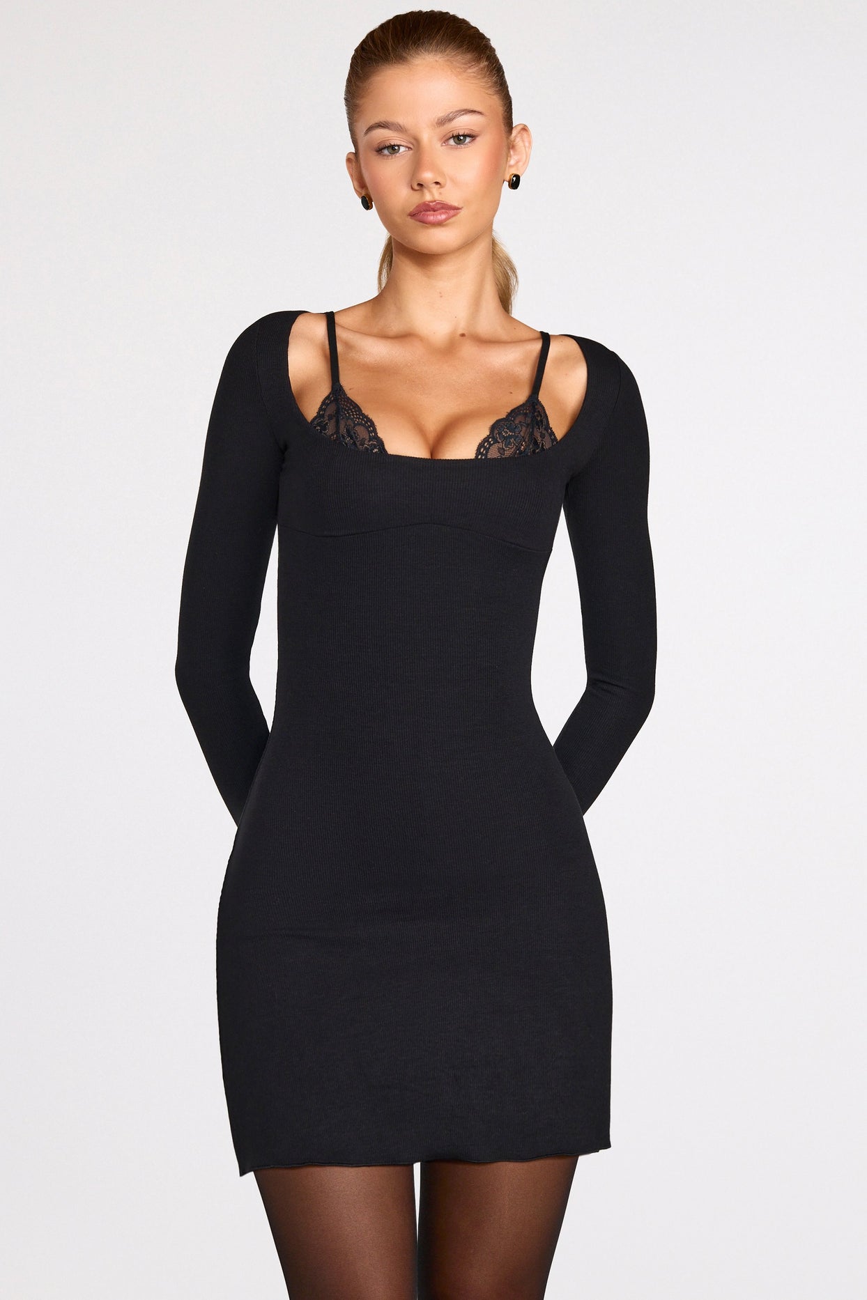 Ribbed Modal Long-Sleeve Laced Bra Mini Dress in Black - 6
