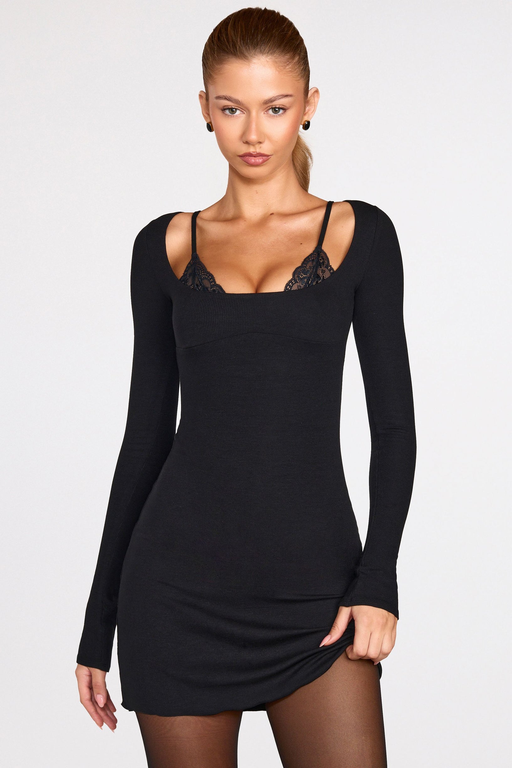 Ribbed Modal Long-Sleeve Laced Bra Mini Dress in Black - 1