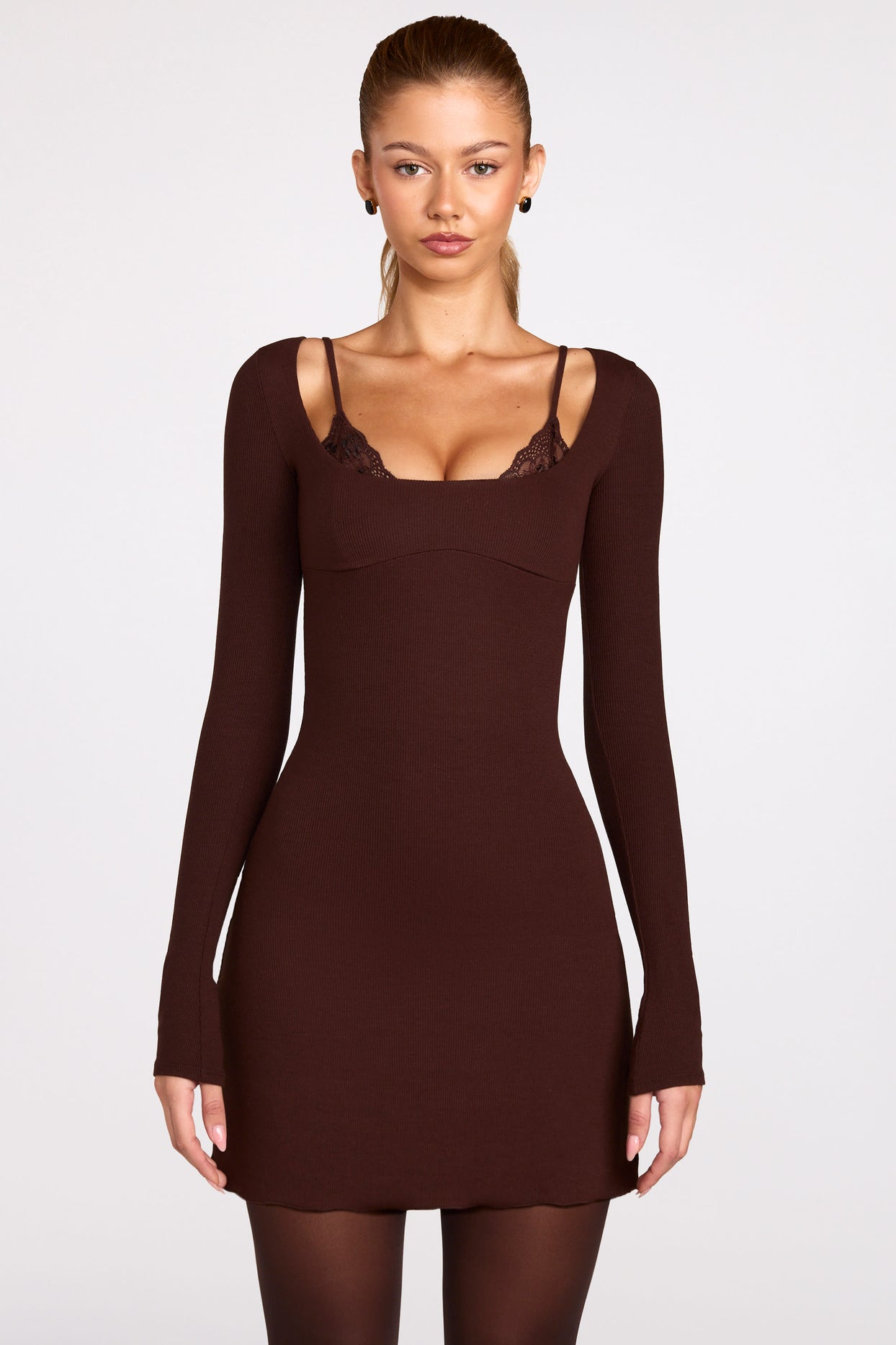 Ribbed Modal Long-Sleeve Laced Bra Mini Dress in Chocolate Brown - 10