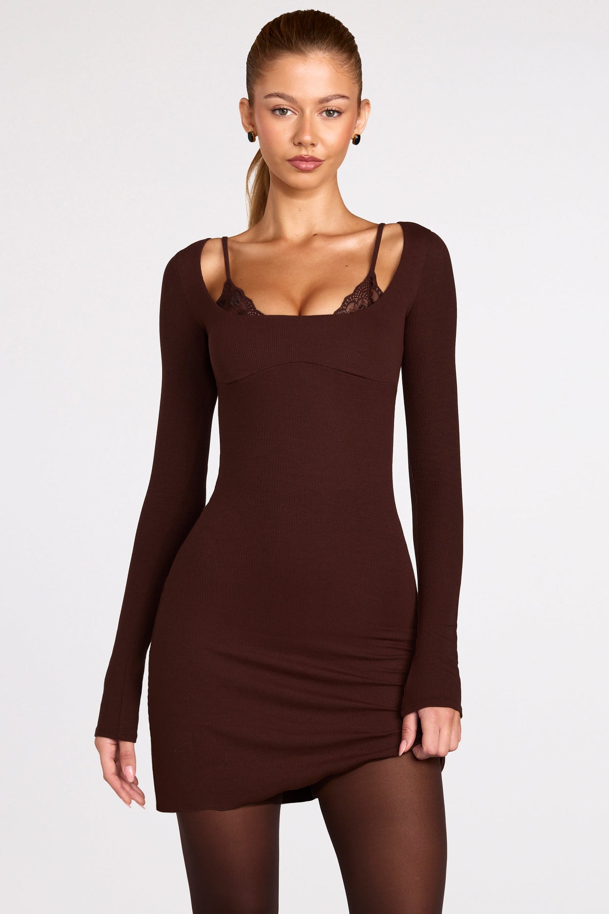 Ribbed Modal Long-Sleeve Laced Bra Mini Dress in Chocolate Brown - 11