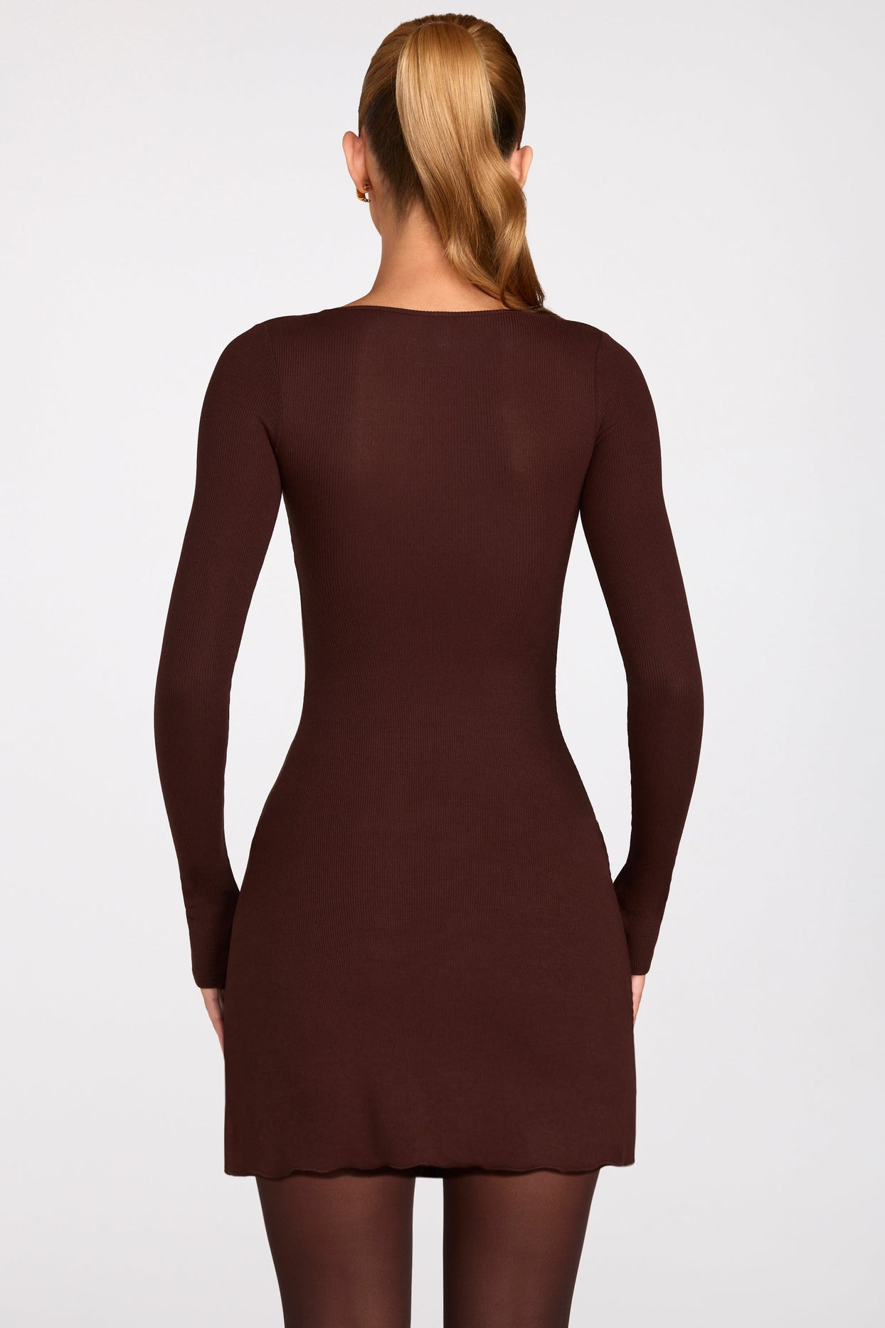 Ribbed Modal Long-Sleeve Laced Bra Mini Dress in Chocolate Brown - 5