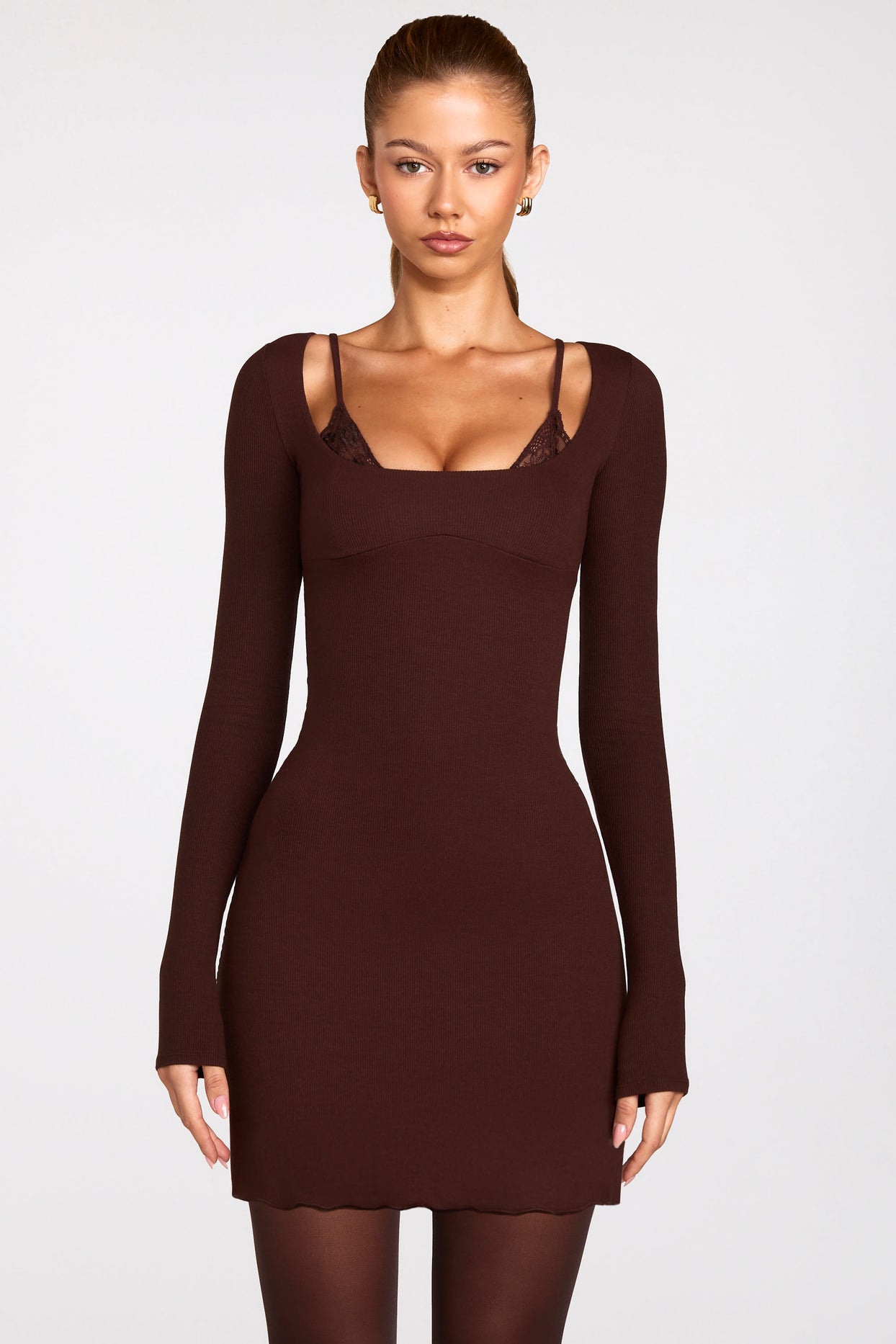 Ribbed Modal Long-Sleeve Laced Bra Mini Dress in Chocolate Brown - 8