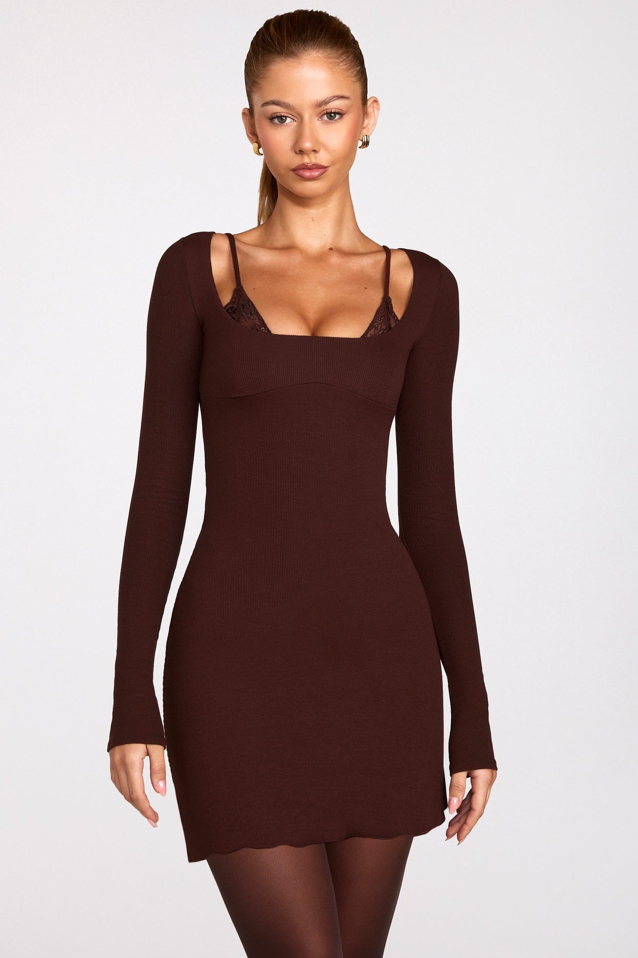 Ribbed Modal Long-Sleeve Laced Bra Mini Dress in Chocolate Brown - 6