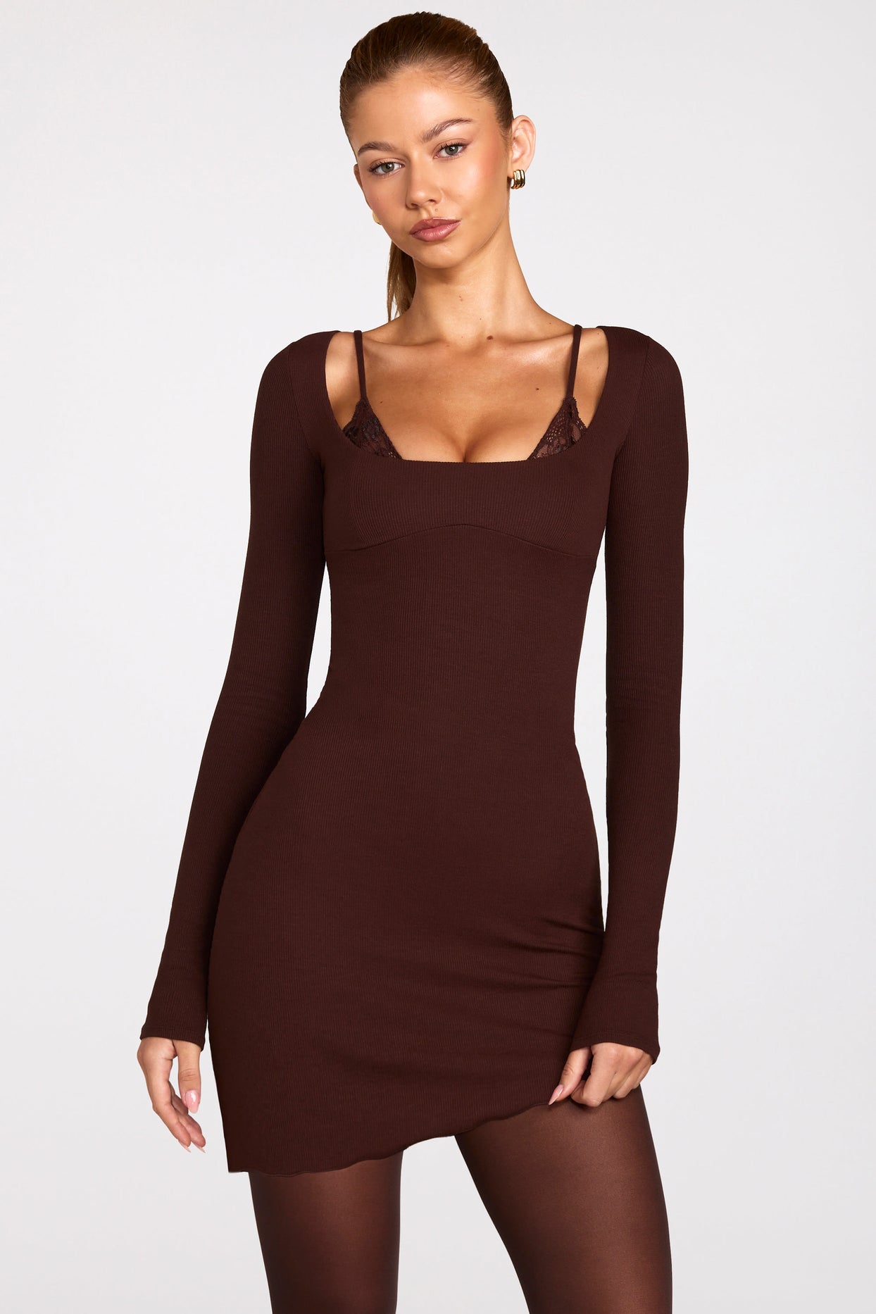 Ribbed Modal Long-Sleeve Laced Bra Mini Dress in Chocolate Brown - 9