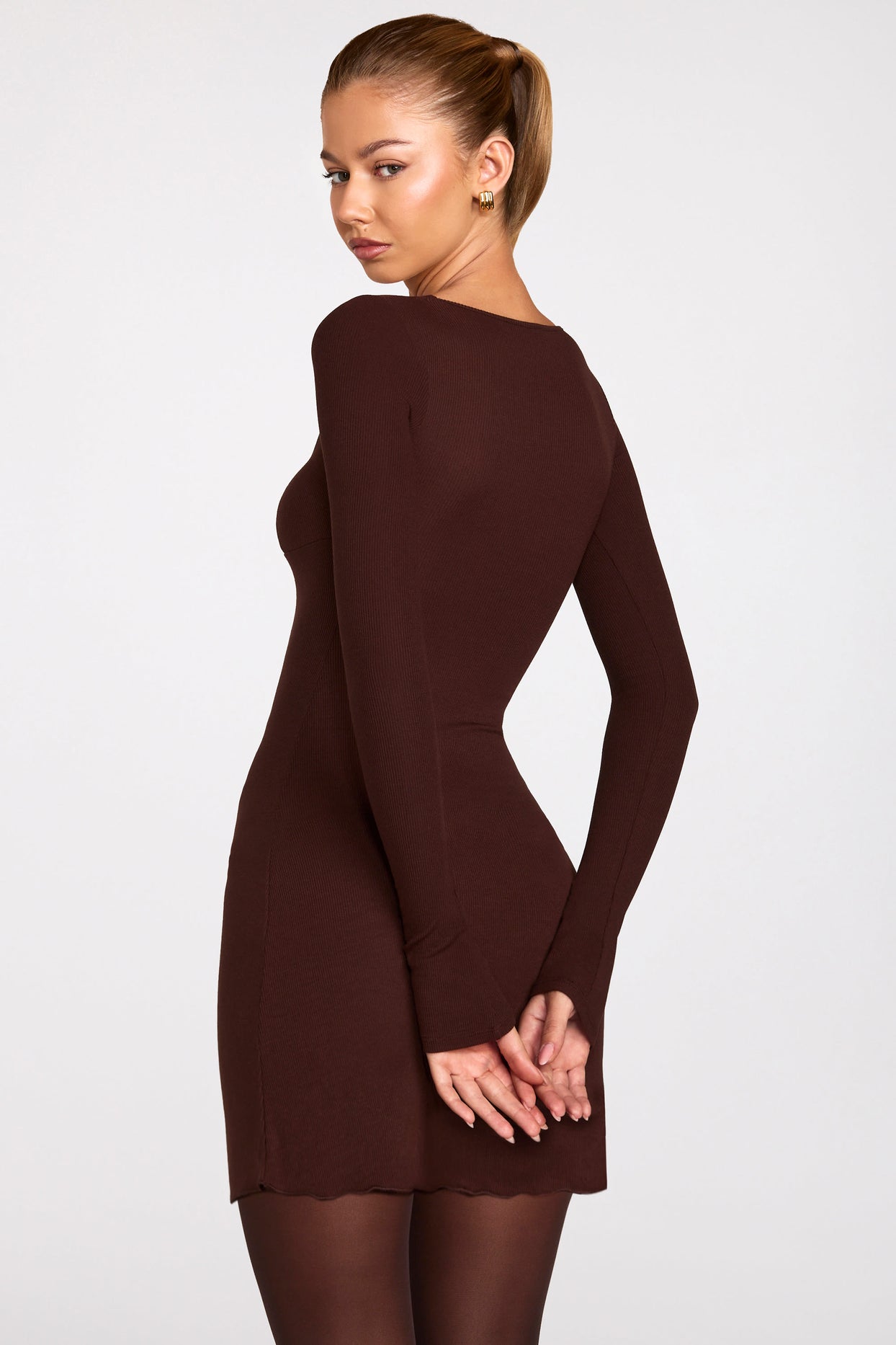 Ribbed Modal Long-Sleeve Laced Bra Mini Dress in Chocolate Brown - 3