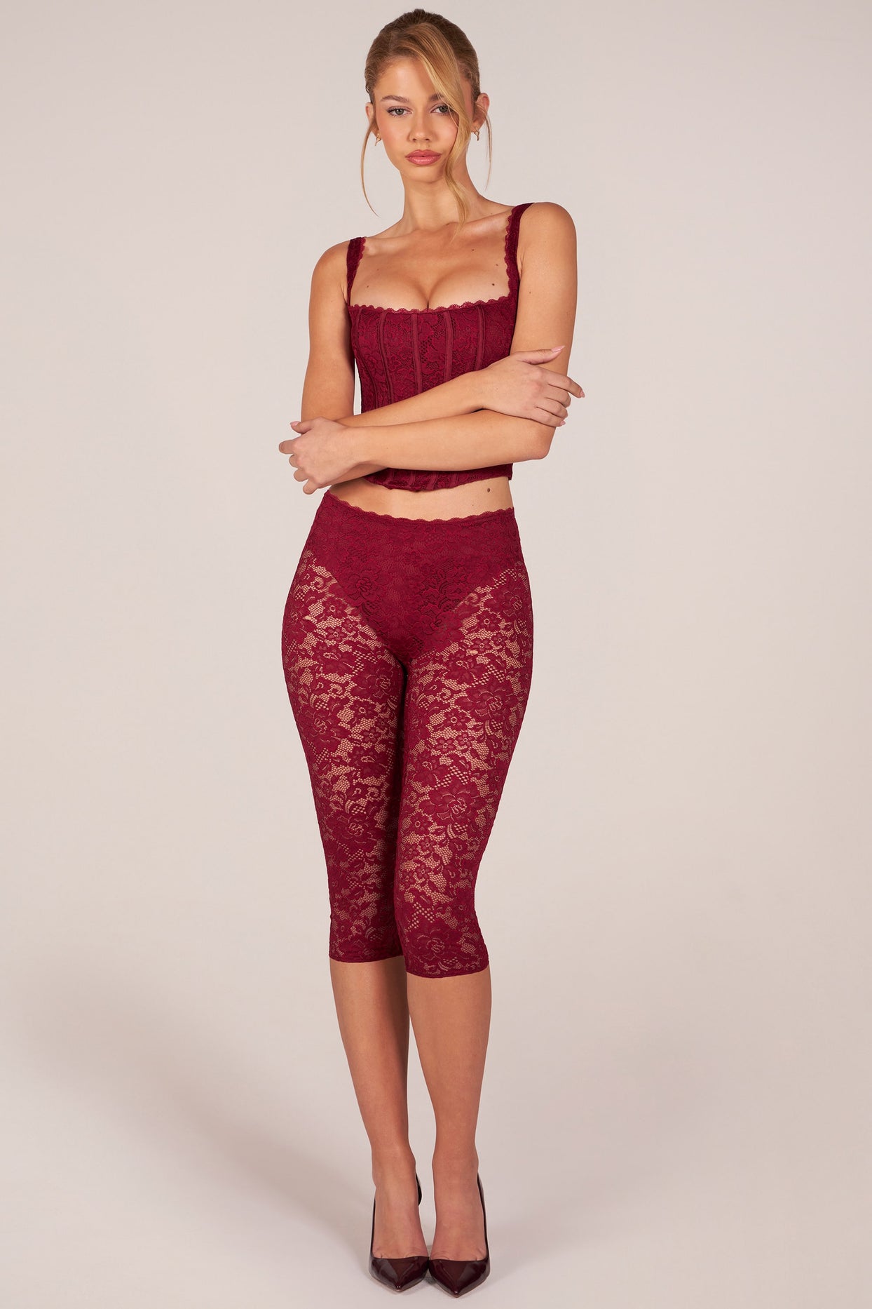 Laced Capri Trousers  in Cherry Red - 7