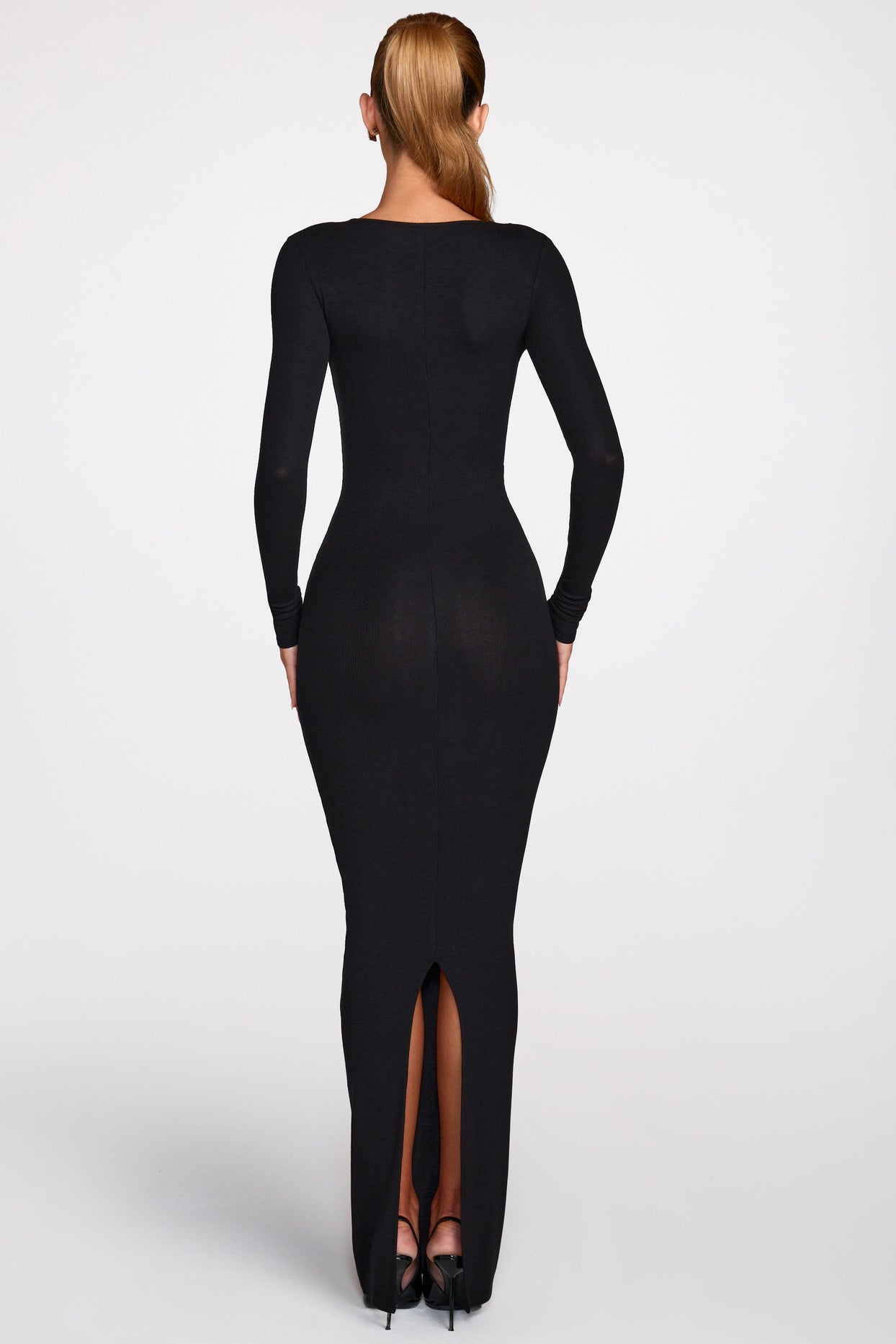 Ribbed Modal Long-Sleeve Plunge Maxi Dress in Black - 3