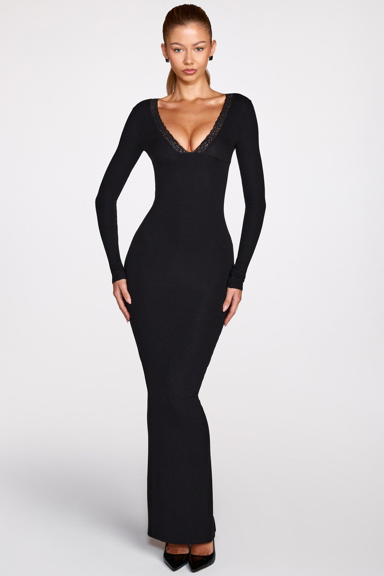 Ribbed Modal Long-Sleeve Plunge Maxi Dress in Black - 6