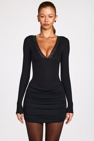 Modal Long-Sleeve Draped Mini Dress in Black